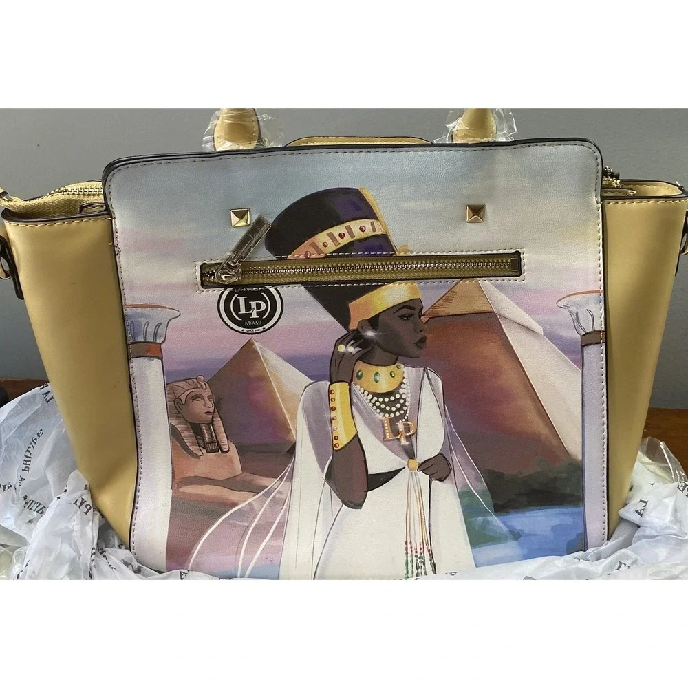 La Philippe Miami African Egyptian Women Print Satchel Bag Yellow Purse 10x12x5